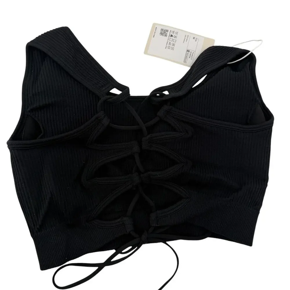 HALARA Sports Bra Size M Classic Black Criss Cross Tie Back Open Straps NEW - Picture 3 of 6
